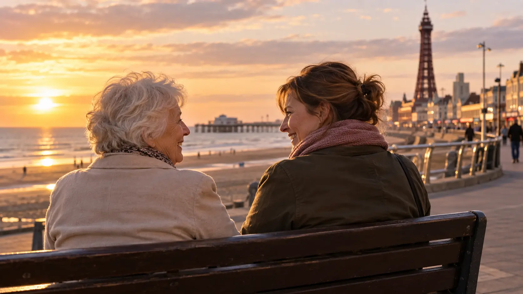 Two companions chatting together on Blackpool promenade